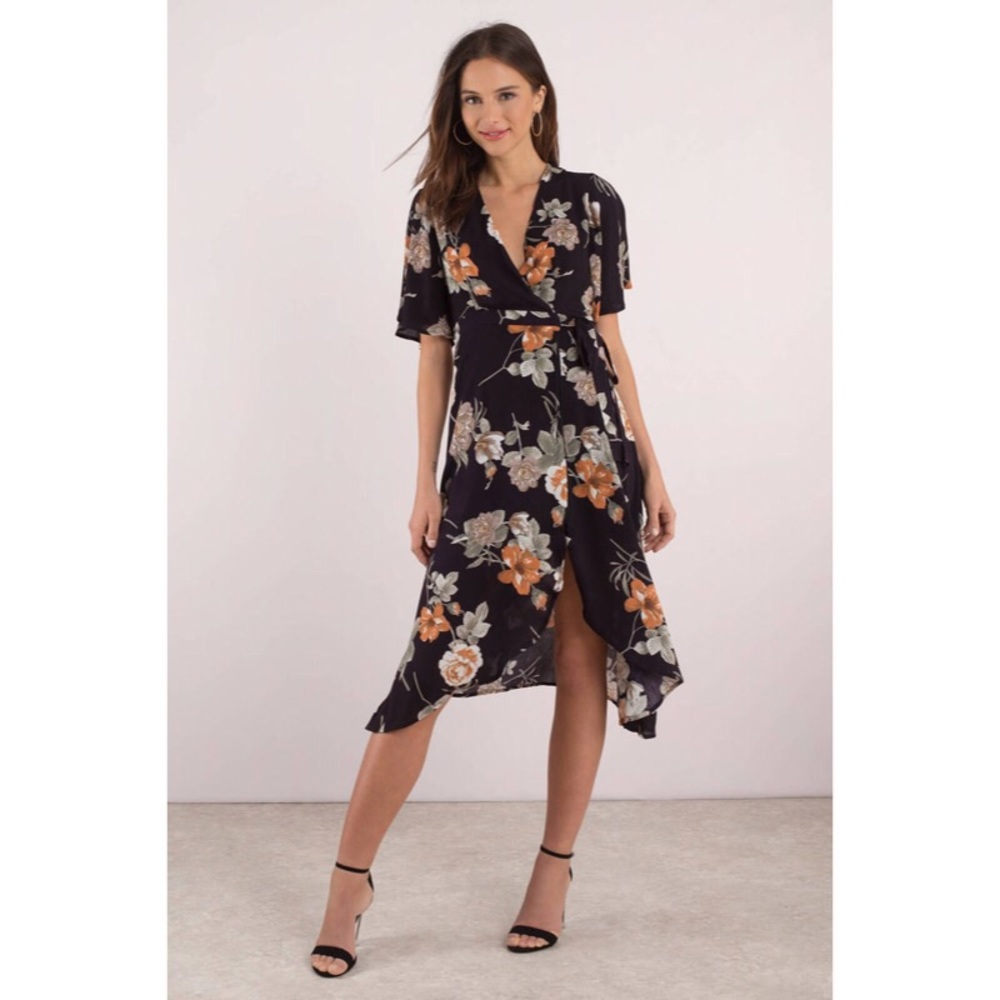 Black Floral Print Wrap Midi Dress - Picture 2 of 5
